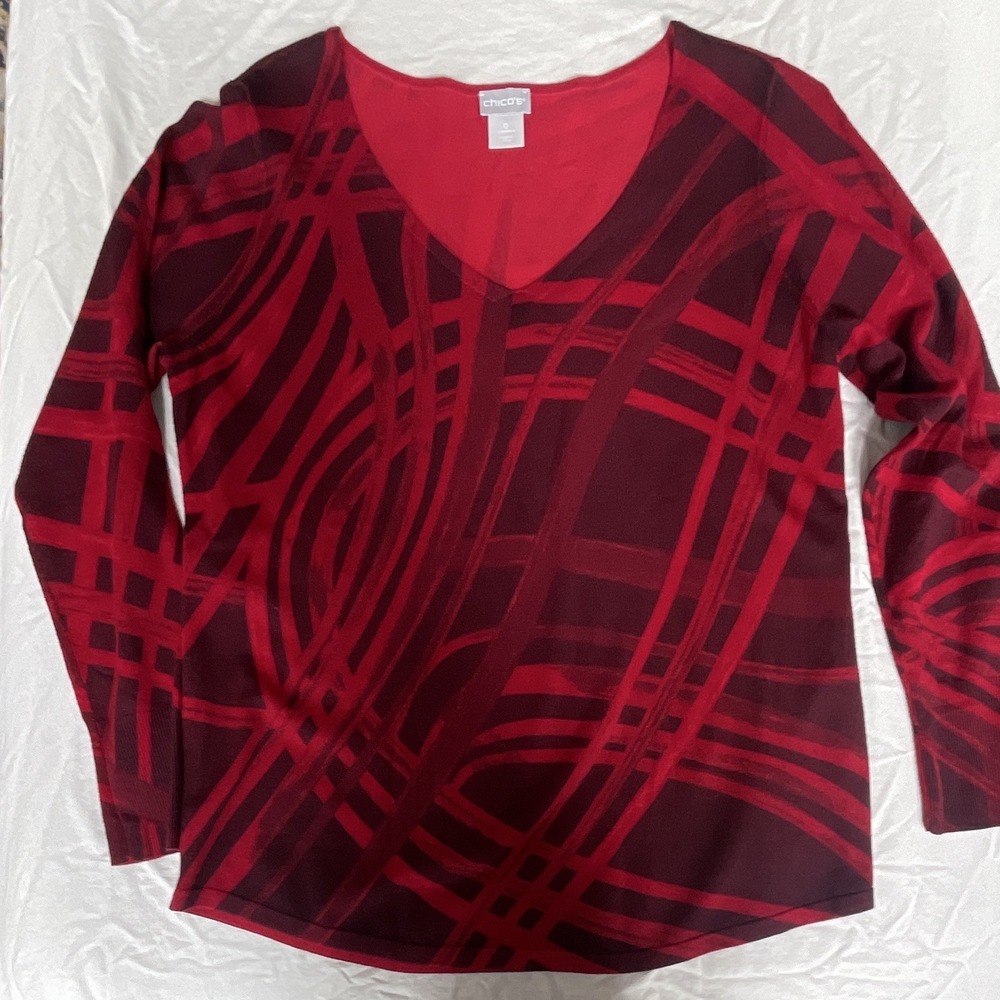 Chico's Red Abstract Geometric V-Neck Long Sleeve Sweater Size 0 Small